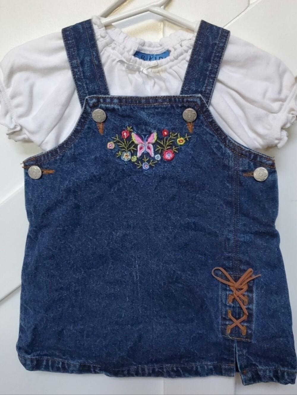 Dark Blue Denim Butterfly Embroidered Pinafore Dress with White Tee